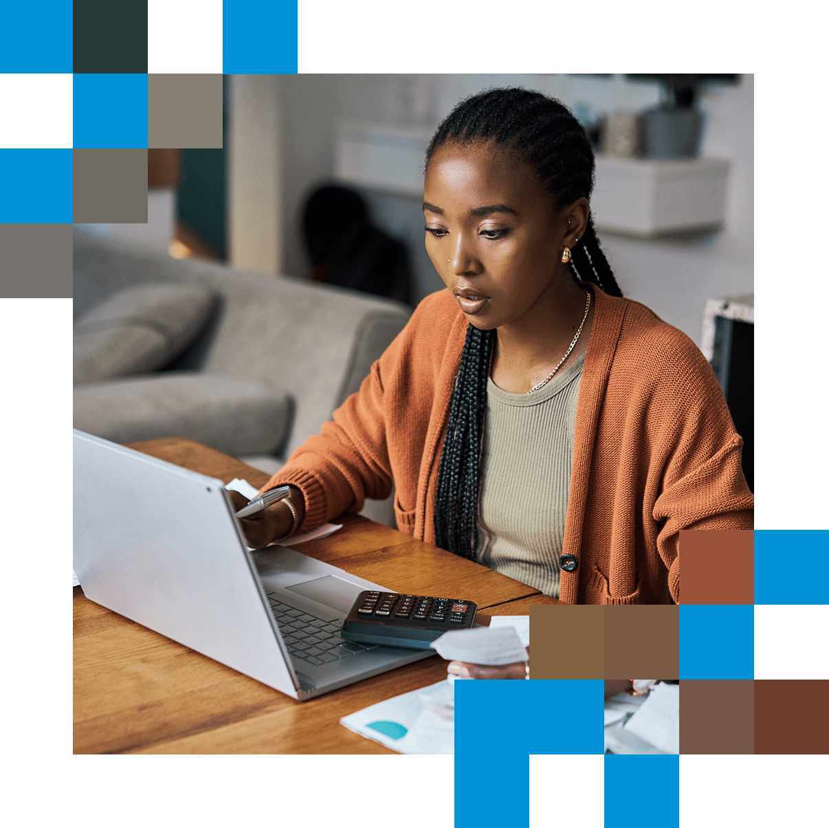 Woman using computer preparing tax documents